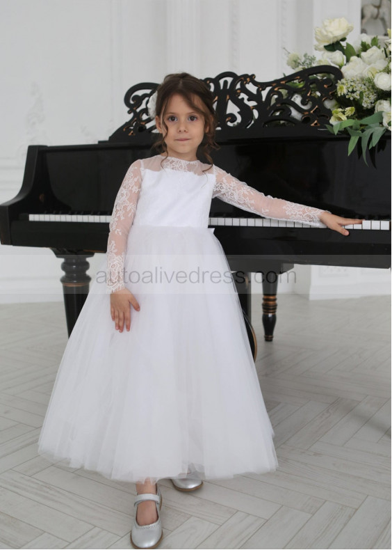 Long Sleeve White Lace Tulle Buttons Back Flower Girl Dress